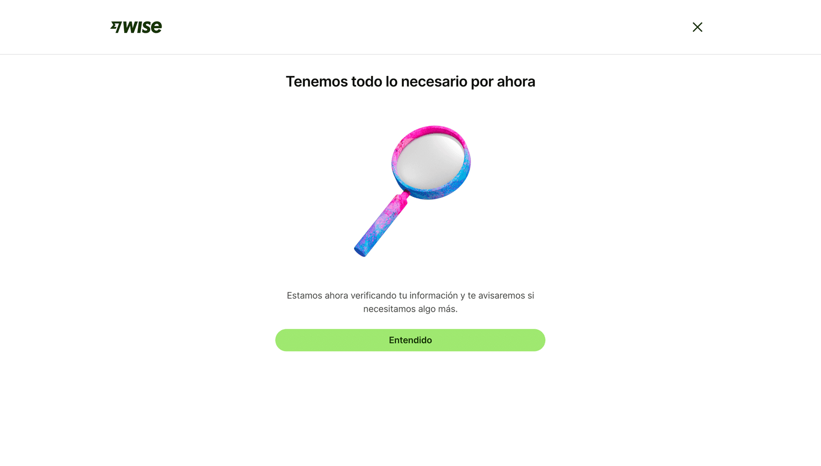 Pantalla de Wise confirmando que la información está en verificación